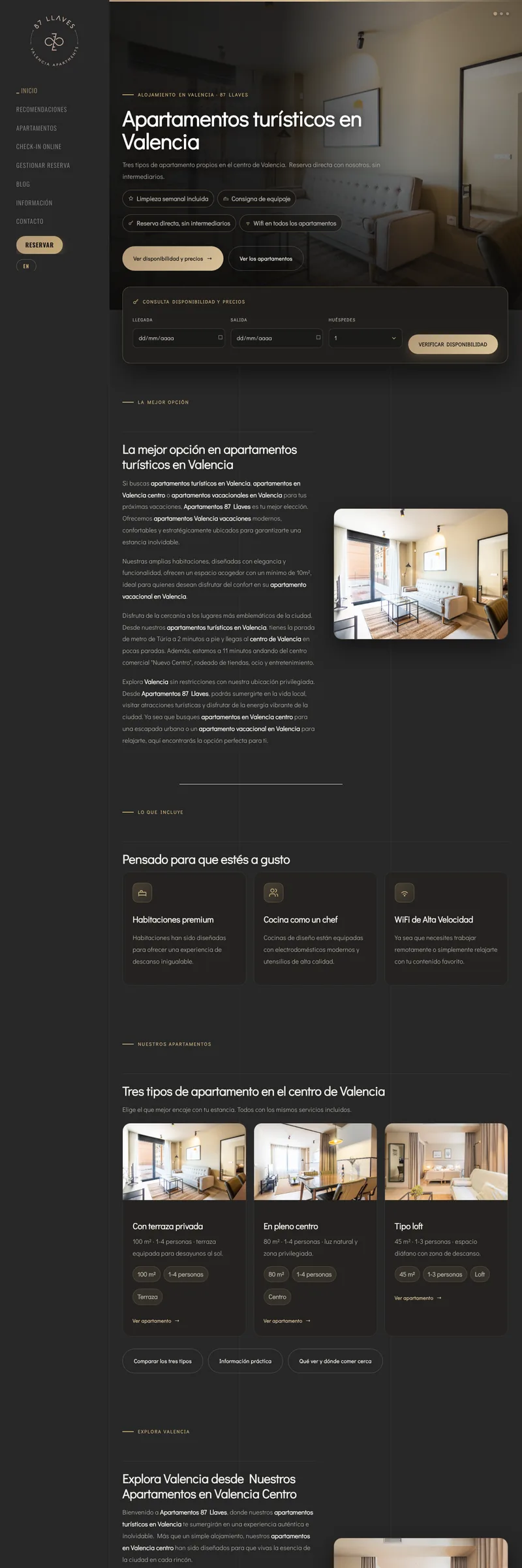 Diseño web de 87 Llaves Apartments, apartamentos turísticos en el centro de Valencia, con motor de reserva directa