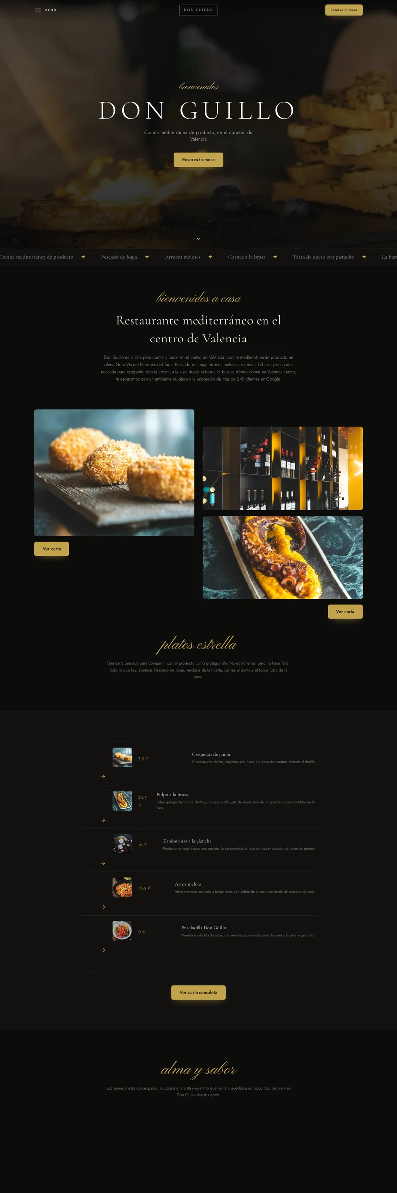 Diseño web del restaurante Don Guillo, cocina mediterránea de producto en el centro de Valencia, con carta y reserva de mesa