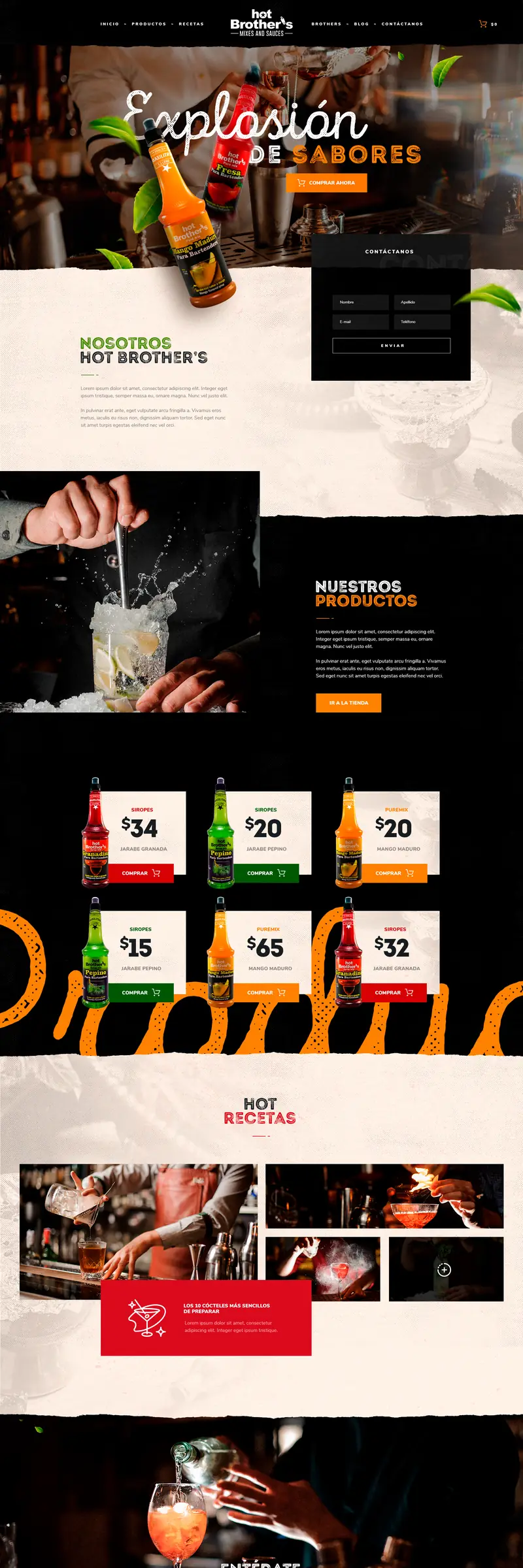 Diseño web completo de la tienda online de Hot Brother's, siropes y mezclas para coctelería