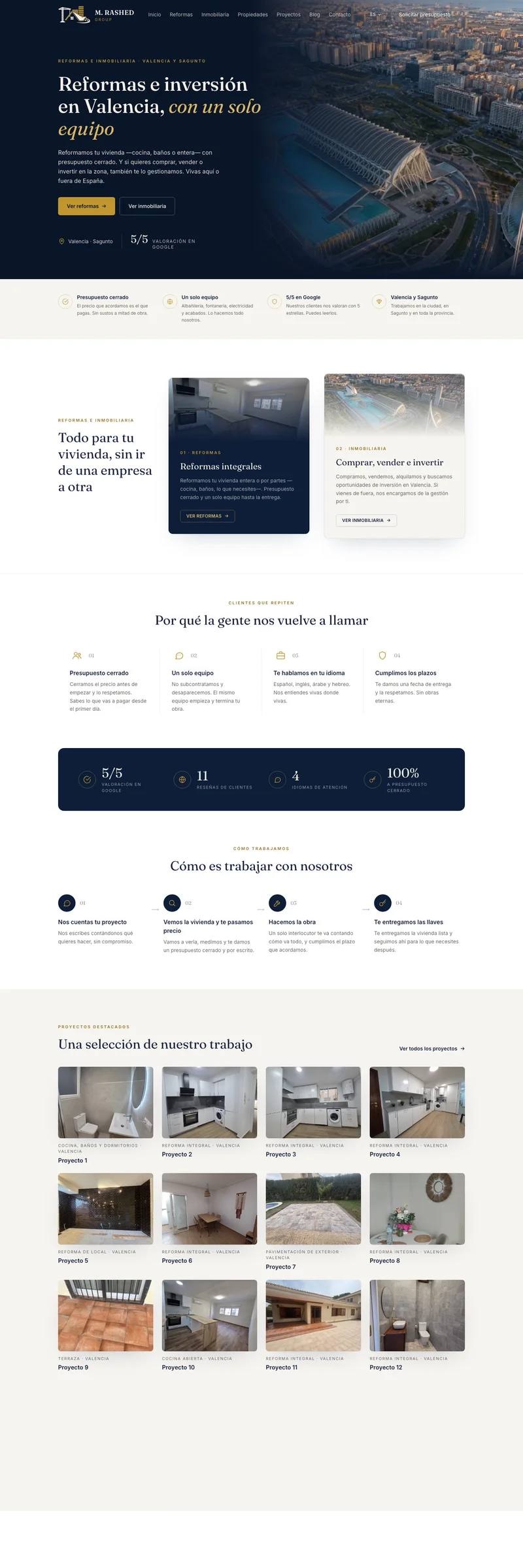 Diseño web de M. Rashed Group, reformas integrales e inversión inmobiliaria en Valencia y Sagunto, con presupuesto cerrado y atención en cuatro idiomas