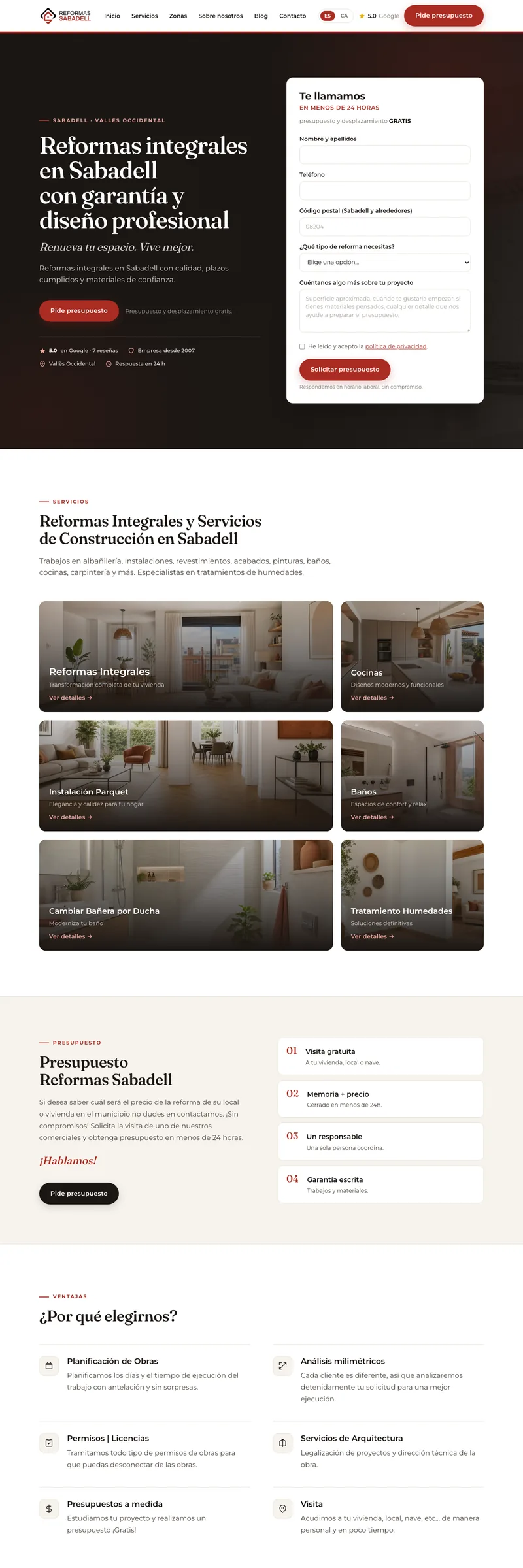 Diseño web de Reformas Sabadell, empresa de reformas integrales en el Vallès Occidental, con formulario de presupuesto