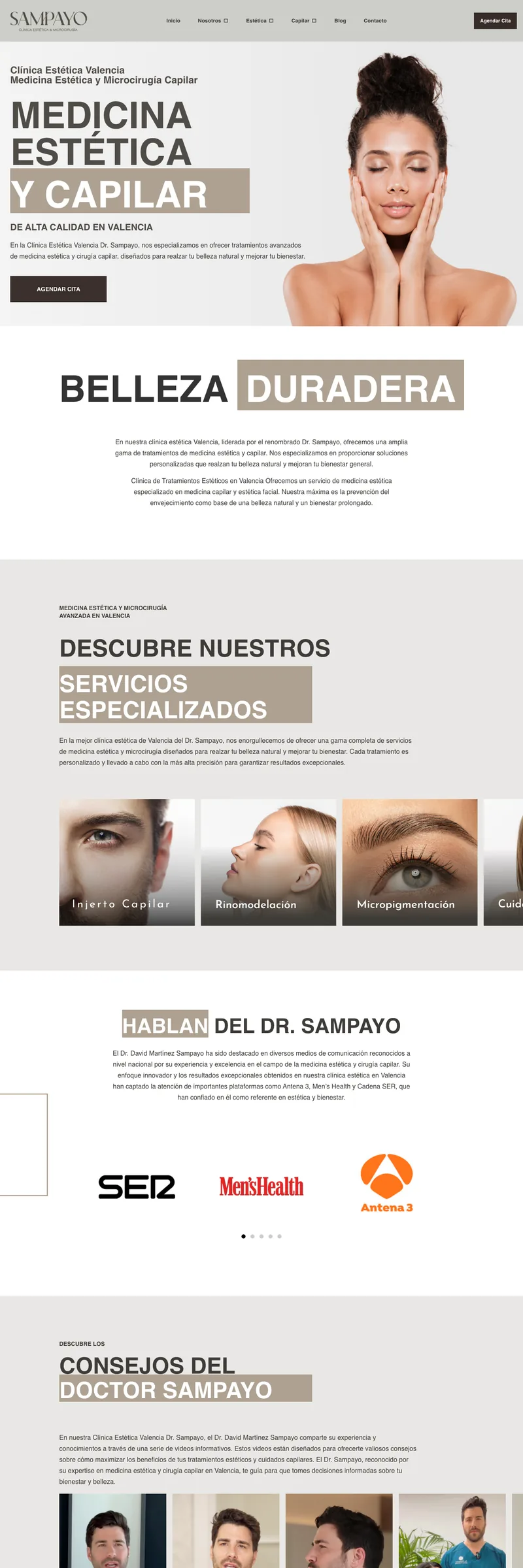 Diseño web de la Clínica Dr. Sampayo, medicina estética y microcirugía capilar en Valencia