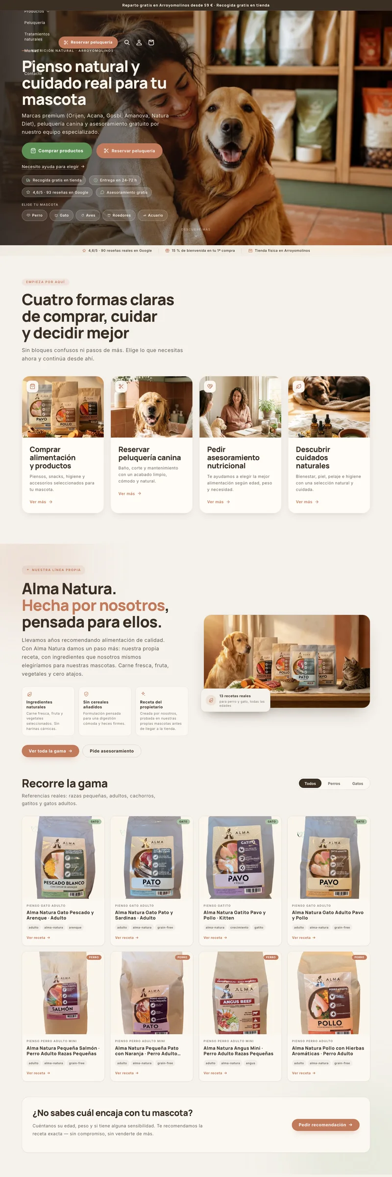 Diseño web de la tienda online de Vaya Fauna, alimentación natural y peluquería canina en Arroyomolinos, con catálogo de piensos y línea propia Alma Natura